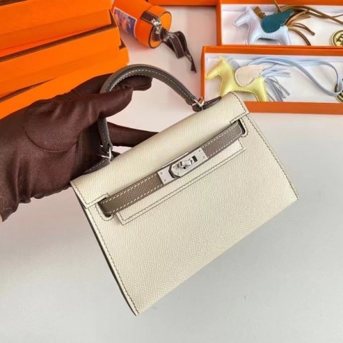 Hermes Kelly 19cm schoudertassen Epsom leer KL19 zilveren hardware crème en grijs