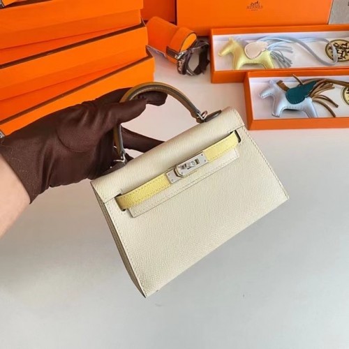 Hermes Kelly 19cm schoudertassen Epsom leer KL19 zilveren hardware crème en geel