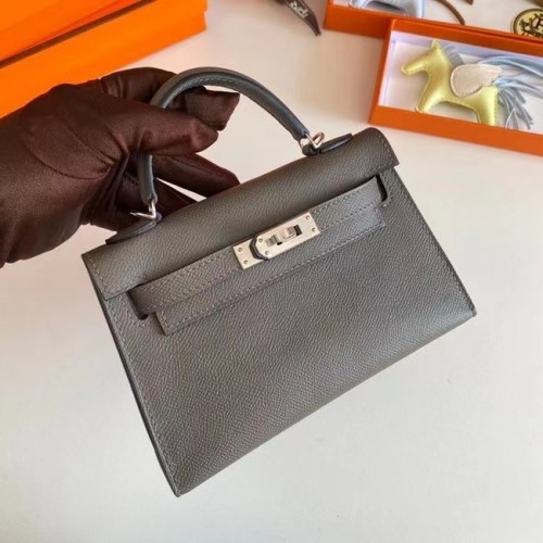 Hermes Kelly 19cm Schoudertassen Epsom Leer KL19 Zilver hardware grijs