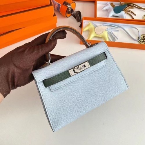 Hermes Kelly 19cm schoudertassen Epsom leer KL19 zilveren hardware lichtblauw en groen