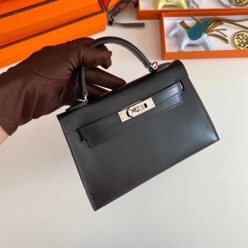 Hermes Kelly 19cm Schoudertassen doos Leer KL19 Zilver hardware zwart