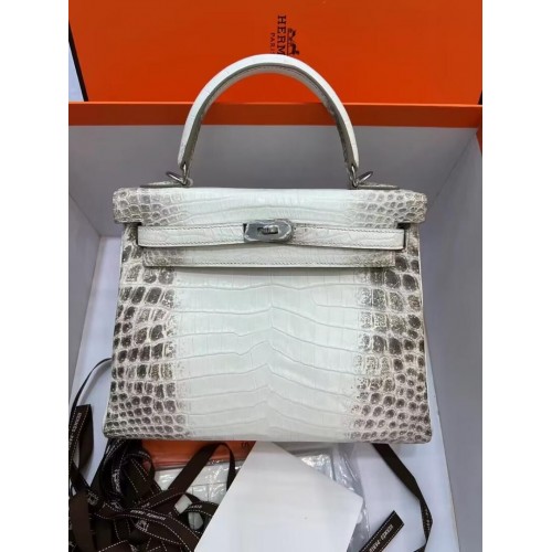 Hermes Kelly 25CM Originele Zuid-Afrikaanse Nijlkrokodil lederen tas KL25 wit en grijs