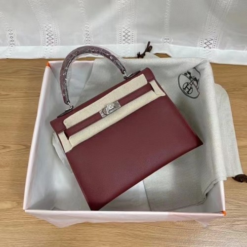 Hermes Kelly 25 cm schoudertassen Epsom KL2755 Bordeaux & zilverkleurig metaal