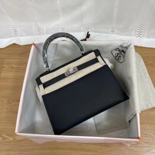 Hermes Kelly 25 cm schoudertassen Epsom KL2755 zwart-zilverkleurig metaal