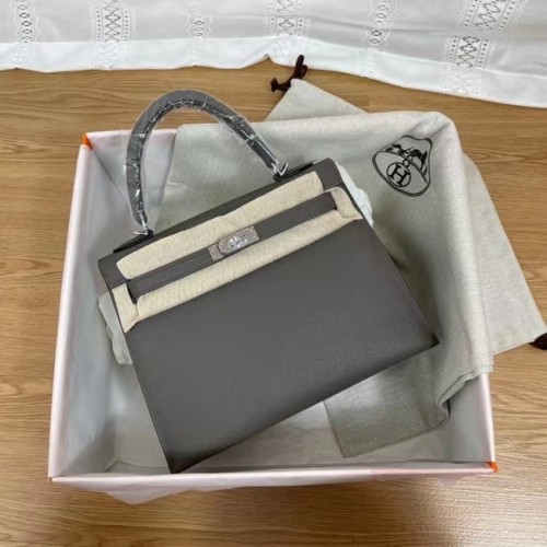 Hermes Kelly 25 cm schoudertassen Epsom KL2755 donkergrijs en zilverkleurig metaal