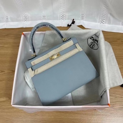 Hermes Kelly 25cm schoudertassen Epsom KL2755 lichtblauw & goudkleurig metaal