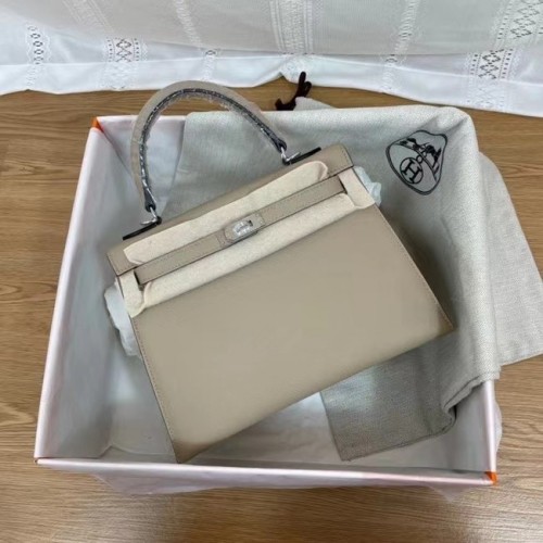 Hermes Kelly 25 cm schoudertassen Epsom KL2755 lichtgrijs en zilverkleurig metaal