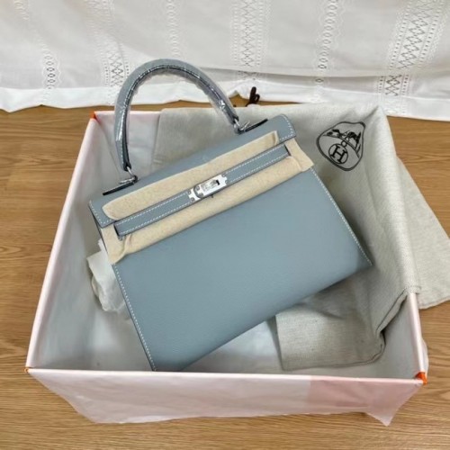Hermes Kelly 25 cm schoudertassen Epsom KL2755 hemelsblauw en zilverkleurig metaal