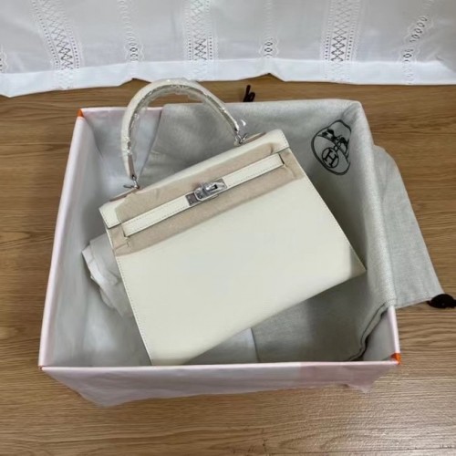 Hermes Kelly 25cm Schoudertassen Epsom KL2755 wit & zilverkleurig metaal