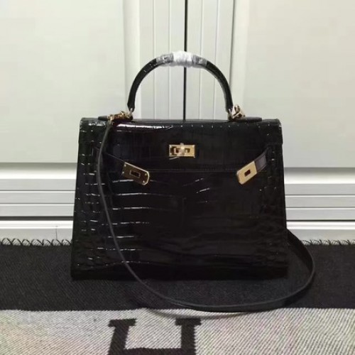 Hermes Kelly 28cm schoudertas krokodillenleer K28 zwart