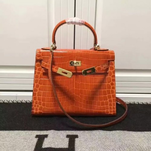 Hermes Kelly 28cm schoudertas krokodillenleer K28 oranje