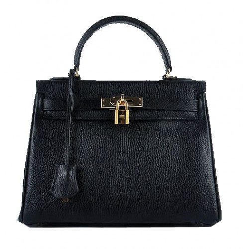 Hermes Kelly 28cm schoudertassen zwart korrelig leer goud