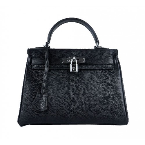 Hermes Kelly 28cm schoudertassen zwart korrelig leer zilver