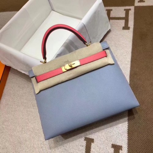 Hermes Kelly 28cm schoudertassen Epsom leer KL28 blauw en roze