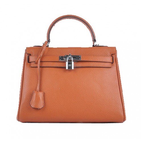 Hermes Kelly 28cm schoudertassen oranje korrelig leer zilver