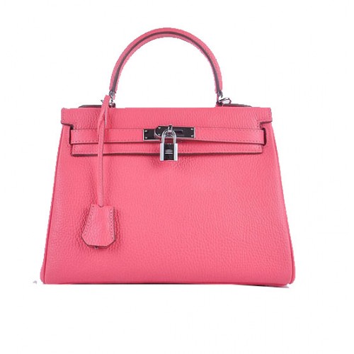 Hermes Kelly 28cm schoudertassen roze korrelig leer zilver