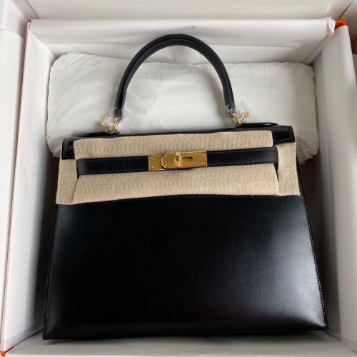 Hermes Kelly 28cm Schoudertassen Glad Leer KL28 Zwart