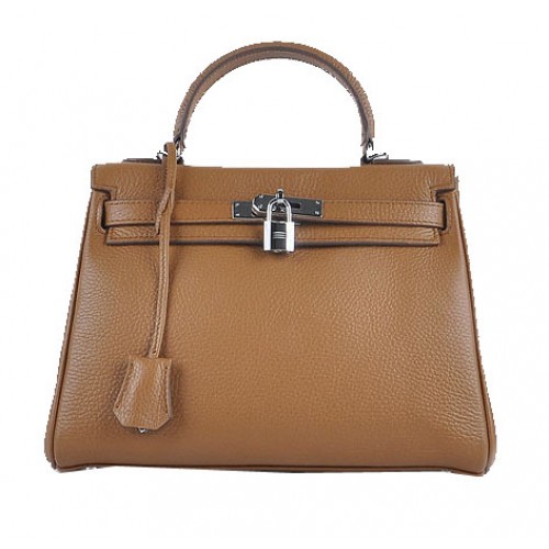 Hermes Kelly 28cm schoudertassen tarwe korrelig leer zilver