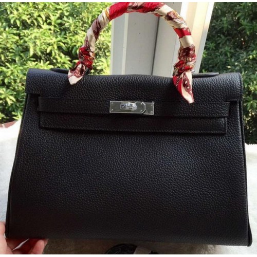 Hermes Kelly 32cm schoudertas zwart kalfsleer K32CL zilver