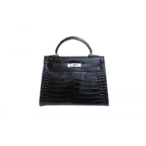 Hermes Kelly 32cm schoudertas zwart croco lakleer K32 zilver