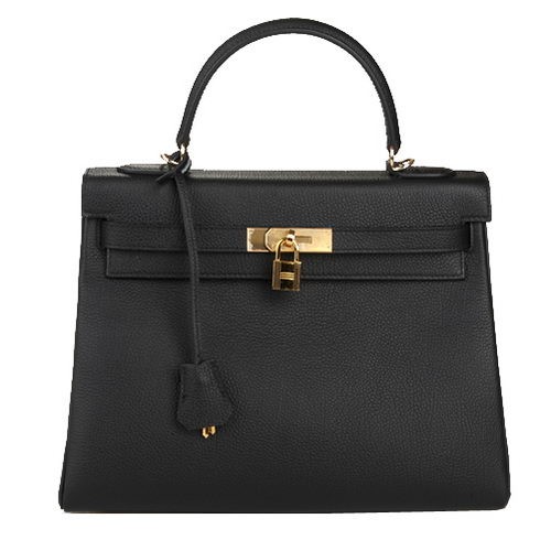 Hermes Kelly 32cm schoudertas zwart origineel leer K32 goud