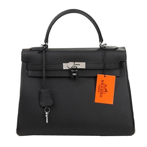 Hermes Kelly 32cm schoudertas zwart origineel leer K32 zilver