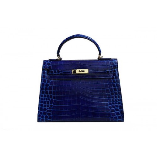 Hermes Kelly 32cm schoudertas blauw Croco lakleer K32 zilver