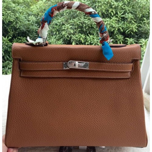 Hermes Kelly 32cm schoudertas bruin kalfsleer K32CL zilver