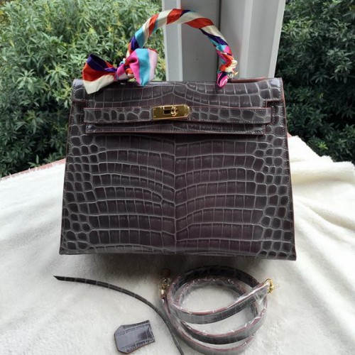 Hermes Kelly 32cm schoudertas croco leer K32CO grijs