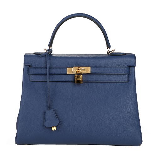 Hermes Kelly 32cm schoudertas donkerblauw origineel leer K32 goud