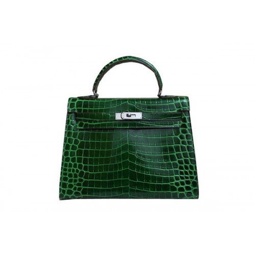 Hermes Kelly 32cm schoudertas groen Croco lakleer K32 zilver