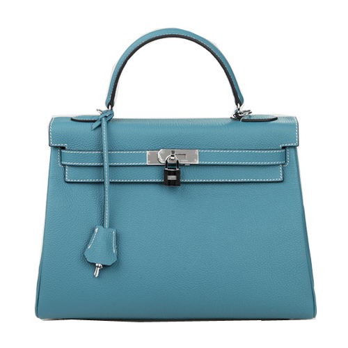 Hermes Kelly 32cm schoudertas lichtblauw origineel leer K32 zilver