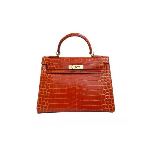 Hermes Kelly 32cm schoudertas oranje croco lakleer K32 goud