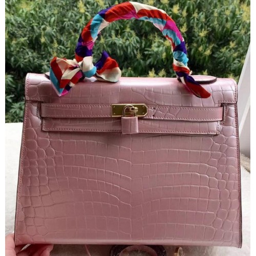 Hermes Kelly 32cm schoudertas roze croco leer K32CL goud