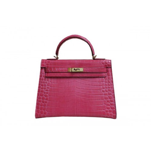 Hermes Kelly 32cm schoudertas roze croco lakleer K32 goud