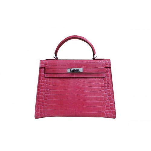 Hermes Kelly 32cm schoudertas roze croco lakleer K32 zilver