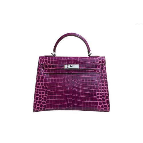 Hermes Kelly 32cm schoudertas paars croco lakleer K32 zilver