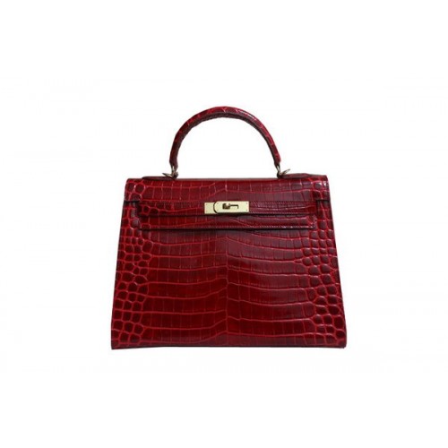 Hermes Kelly 32cm schoudertas rood croco lakleer K32 goud