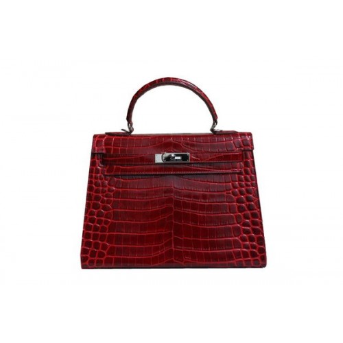 Hermes Kelly 32cm schoudertas rood croco lakleer K32 zilver