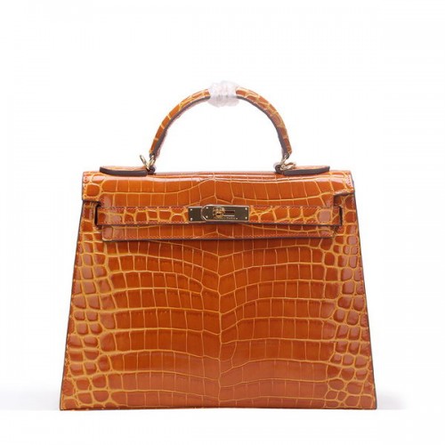 Hermes Kelly 32cm Schoudertas Tarwe Croco Lakleer K32 Goud