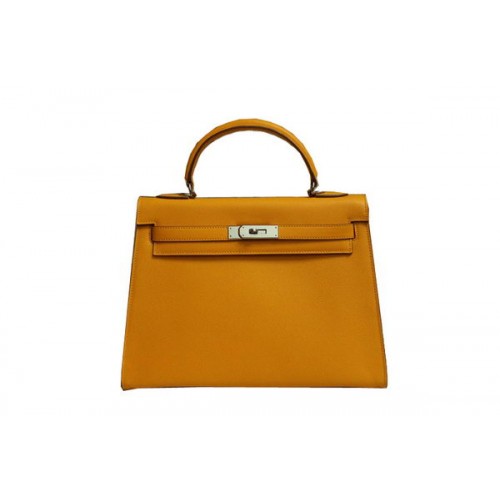 Hermes Kelly 32cm schoudertas geel saffiano leer K32 zilver