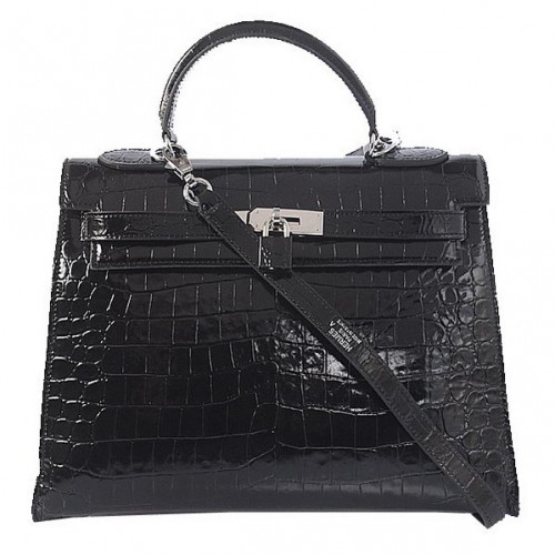 Hermes Kelly 32cm Schoudertassen Zwart Iriserend Croco Leer Zilver