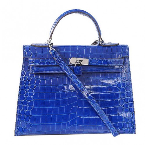 Hermes Kelly 32cm schoudertassen blauw iriserend croco leer goud
