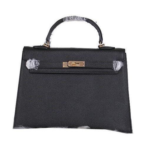 Hermes Kelly 32cm schoudertassen generfd leer zwart