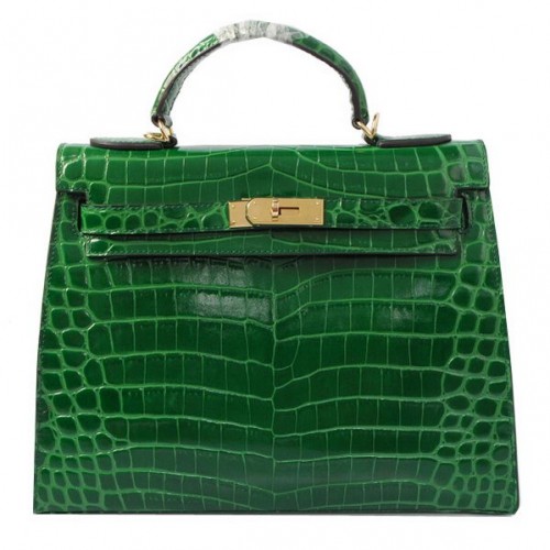 Hermes Kelly 32cm Schoudertassen Groen Iriserend Croco Leer Goud