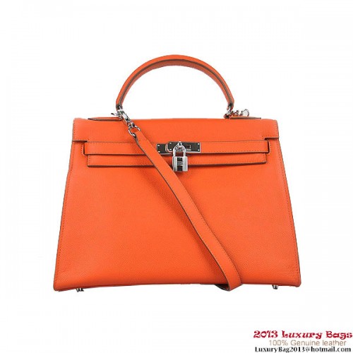 Hermes Kelly 32cm schoudertassen H6108 oranje leer zilver