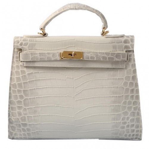 Hermes Kelly 32cm Schoudertassen OFFWhite Croco Leer Goud