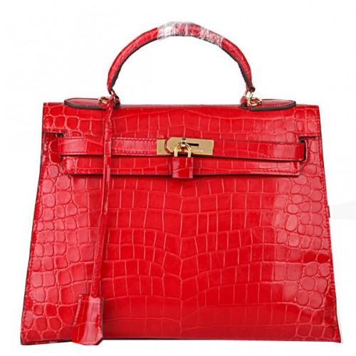 Hermes Kelly 32cm Schoudertassen Rood Iriserend Croco Leer Goud