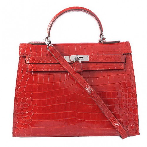 Hermes Kelly 32cm Schoudertassen Rood Iriserend Croco Leer Zilver