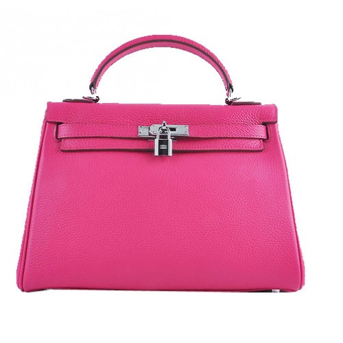 Hermes Kelly 32cm schoudertassen roze korrelig leer zilver